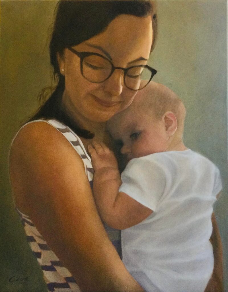 Peinture représentant une mère portant son bébé dans les bras dans une attitude de tendresse.