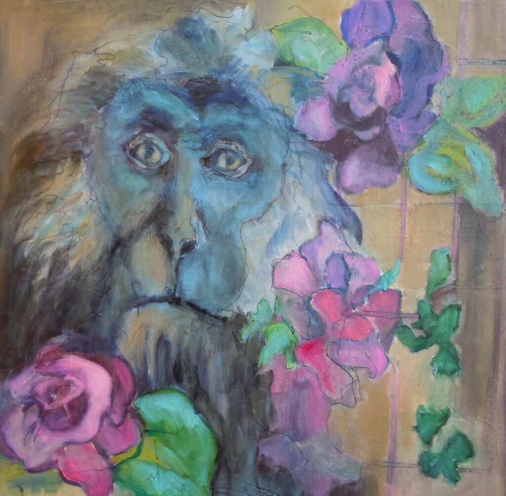 Peinture représentant une tête de macaque japonais bleue avec des fleurs roses.