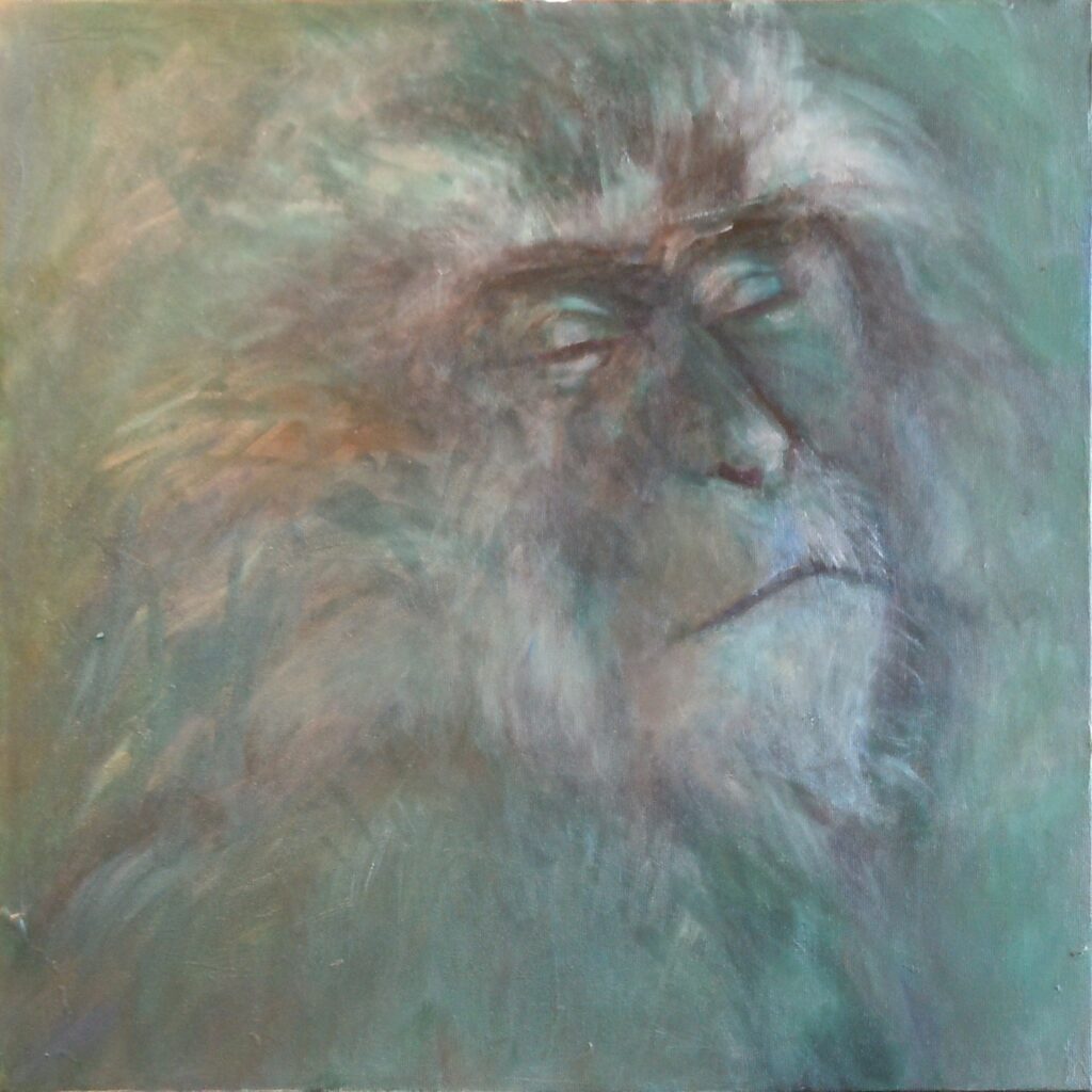 Peinture représentant un macaque japonais en vert.