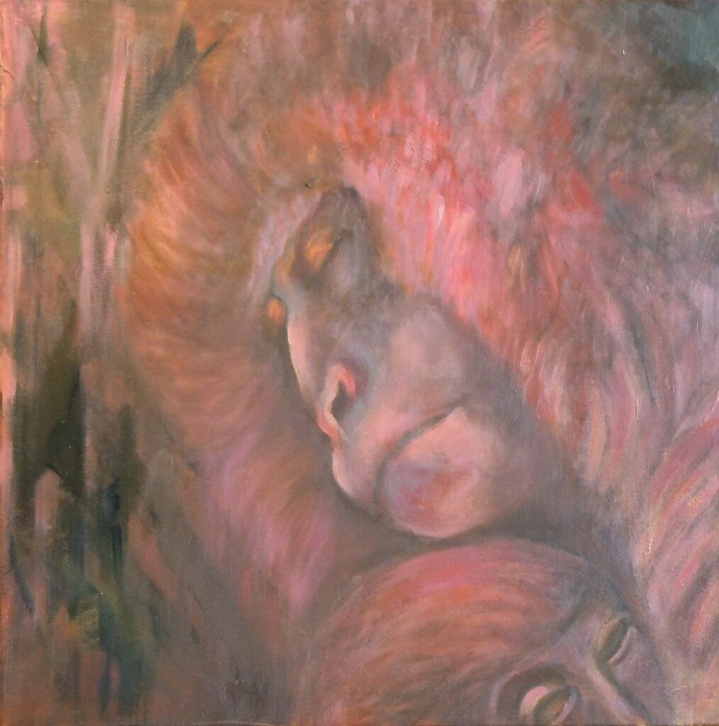 Peinture représentant une femelle macaque et son petit.