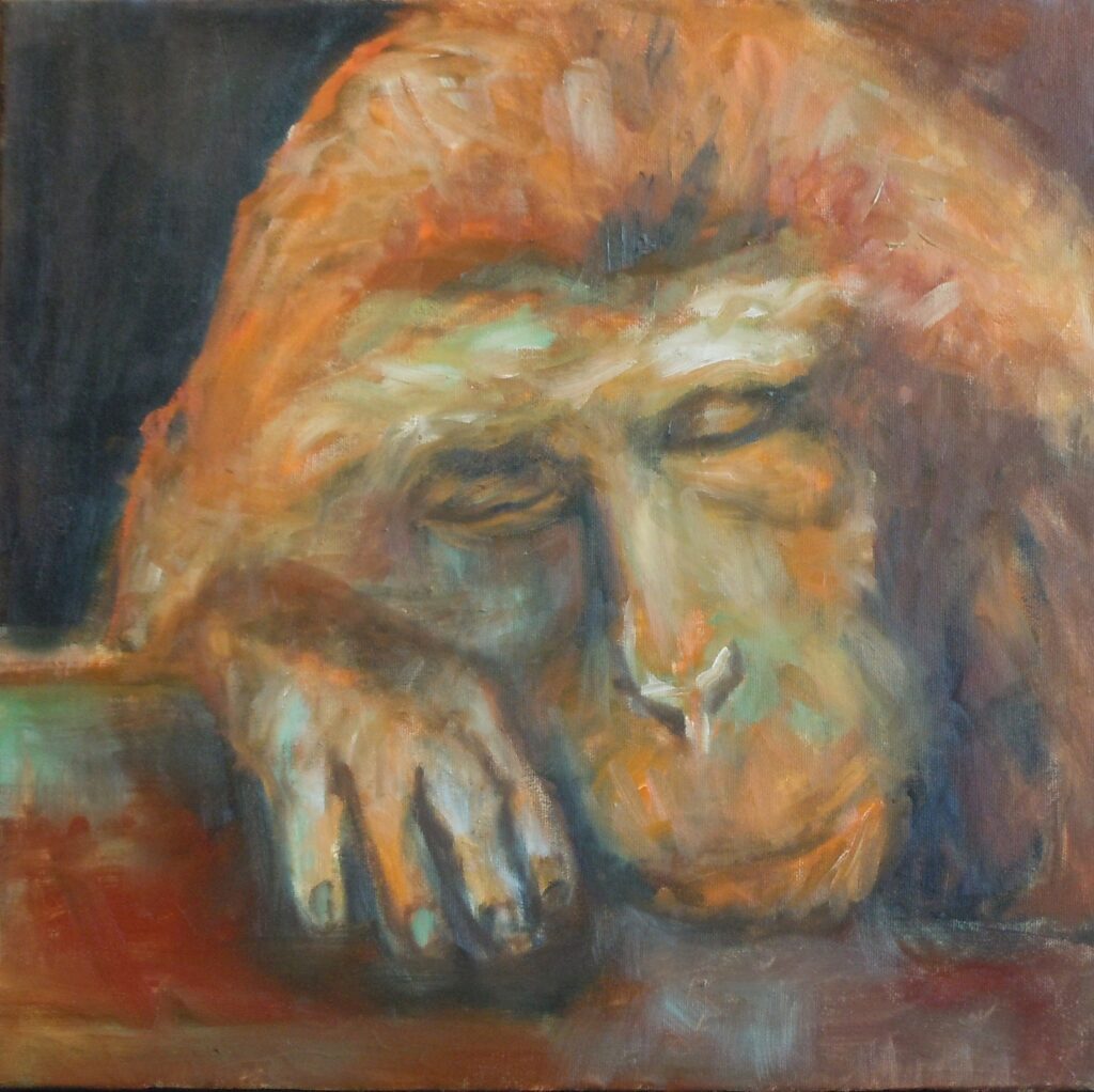 Peinture représentant une tête de macaque japonais appuyée sur sa patte.