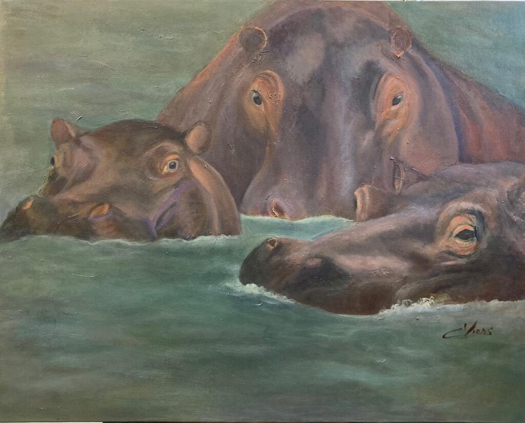 Peinture représentant trois hippopotames dans l'eau.