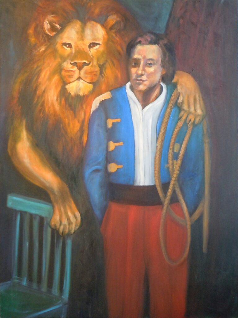 Peinture représentant un dresseur avec le lion posant debout comme des compagnons de travail.