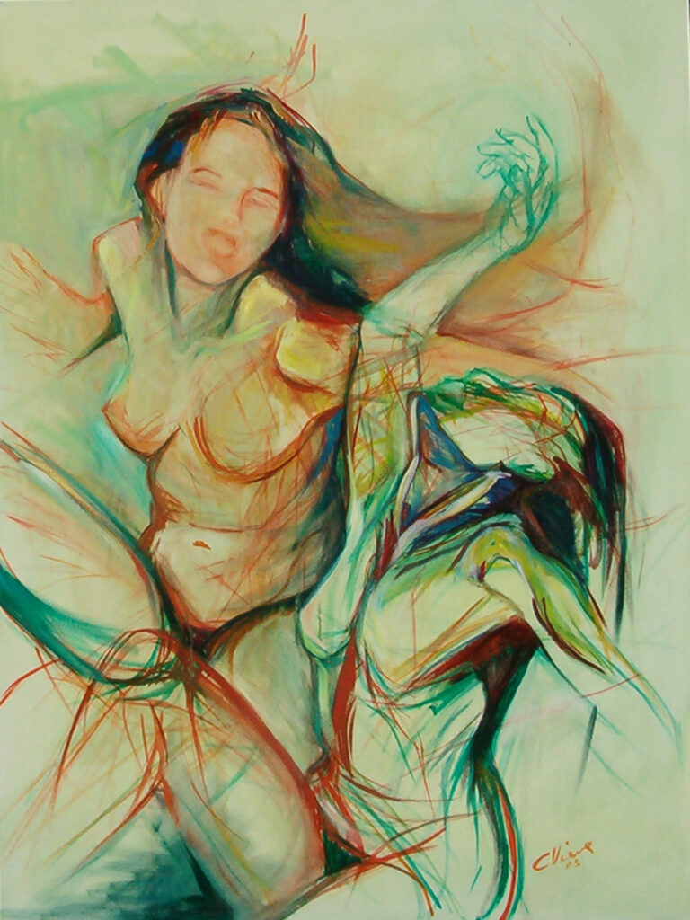 Peinture représentant deux femmes nues assises, riantes.