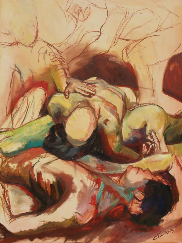 Peinture représentant deux personnes penchées sur des corps nus empilés.