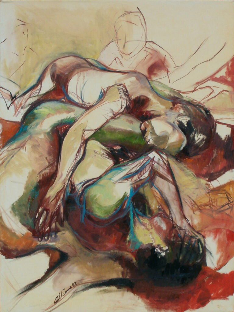 Peinture représentant des corps nus couchés entremêlés.