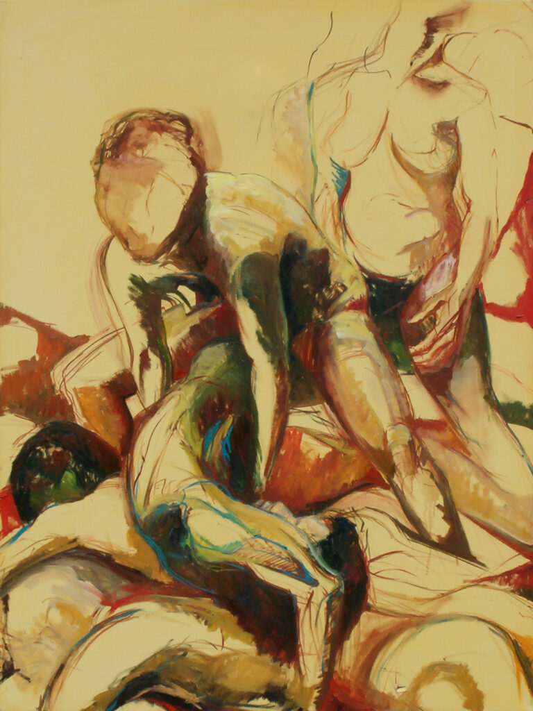 Peinture représentant des hommes et des femmes nus dans une mêlée de corps.