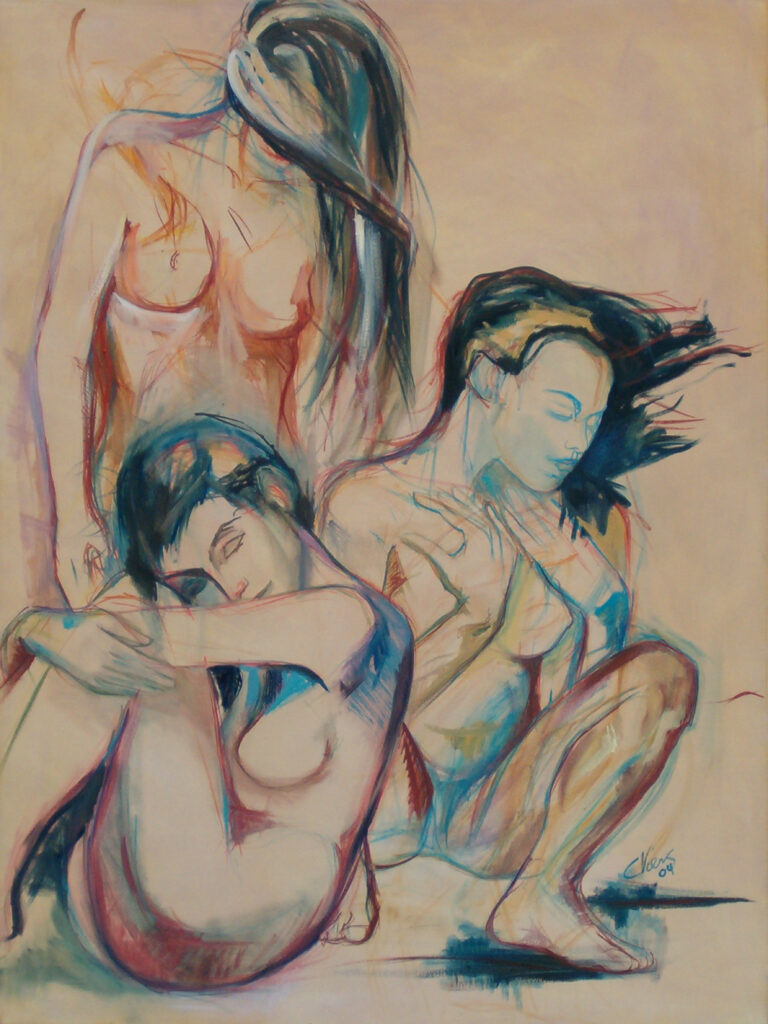 Peinture représentant trois femmes nues aux bains.