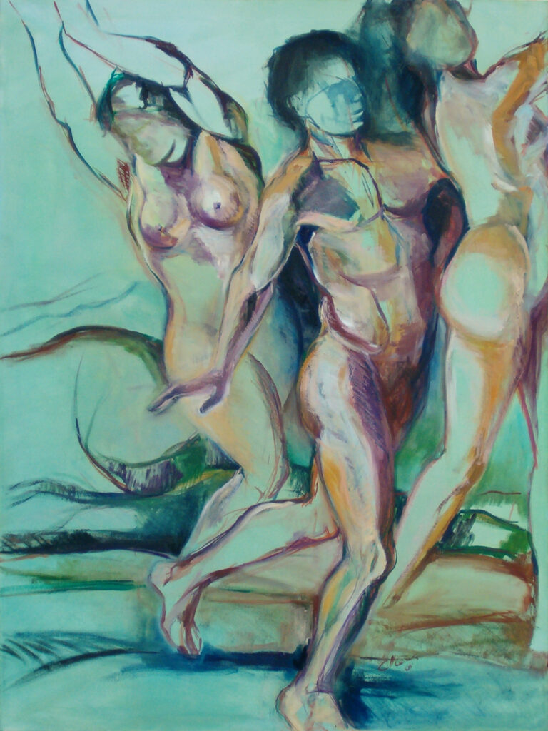 Peinture représentant un homme et deux femmes nus dansant dans le paysage.