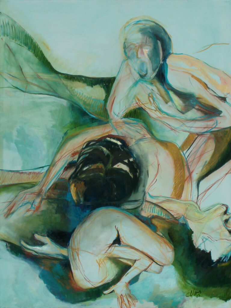 Peinture représentant deux femmes nues penchées sur un homme couché en exprimant la douleur devant la mort.