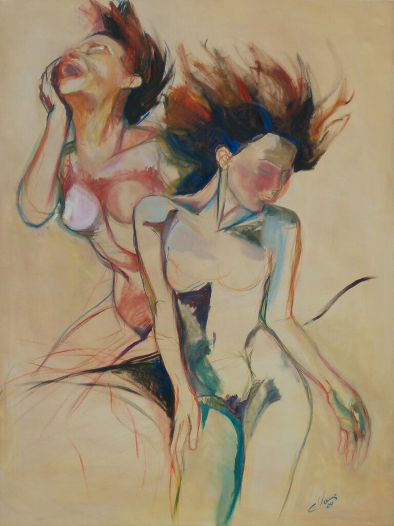 Peinture représentant deux femmes nues debout cheveux au vent, l'une riant.