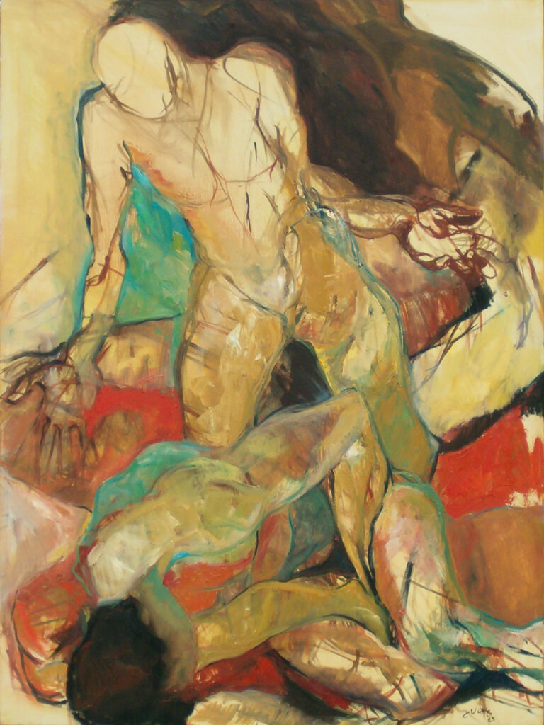 Peinture représentant un homme nu penché sur un homme recroquevillé par terre en exprimant un sentiment d'impuissance.
