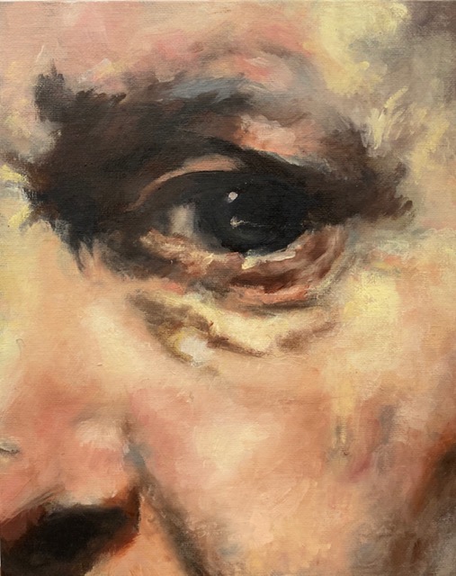 Peinture représentant une copie d'un détail d'un autoportrait de Rembrandt, un oeil.
