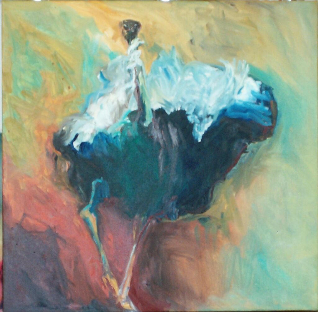Peinture représentant une autruche de face toutes plumes au vent.