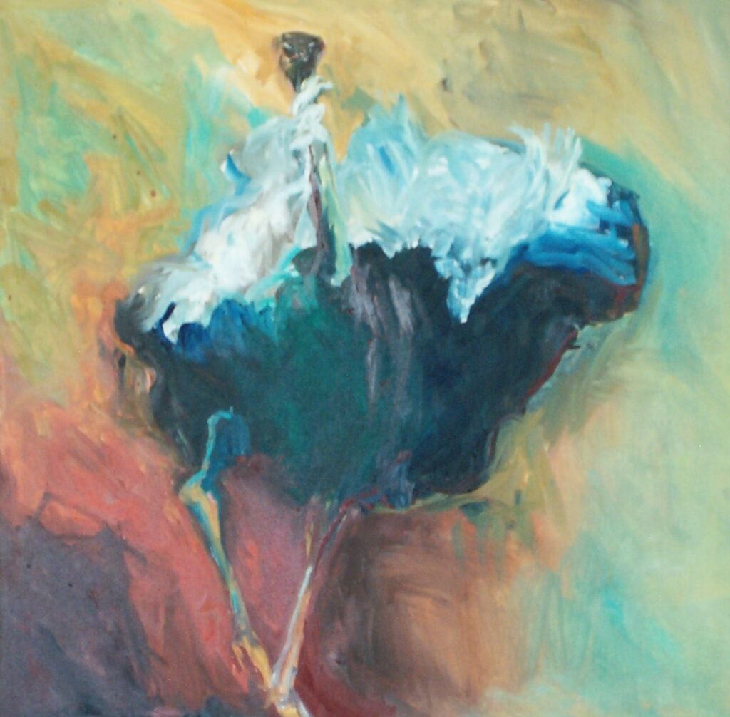 Peinture représentant une autruche de face toutes plumes au vent.