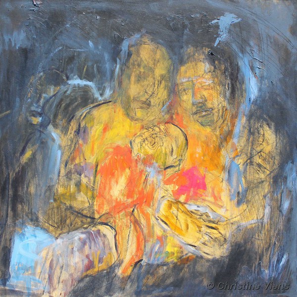 Peinture représentant une famille blottie dans un environnement en fumée.