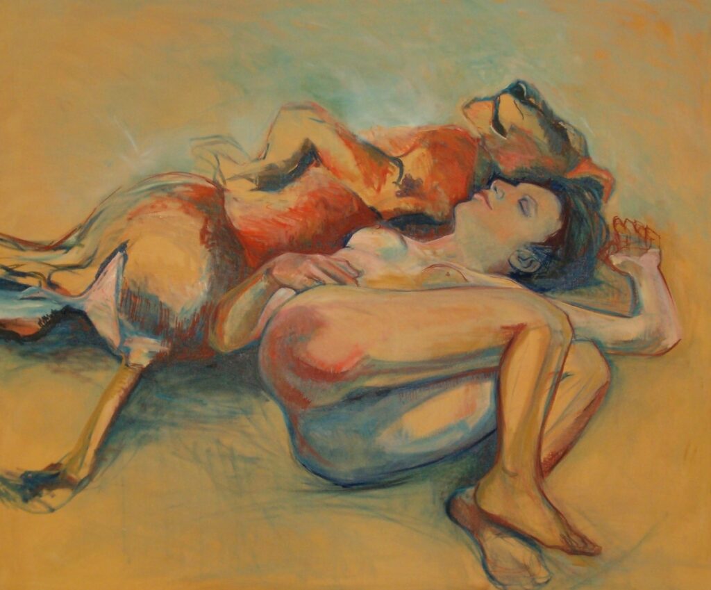 Peinture représentant une femme et une lionne couchées dans le paysage.