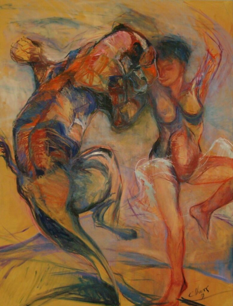 Peinture représentant une femme dansant avec une lionne dans le paysage.