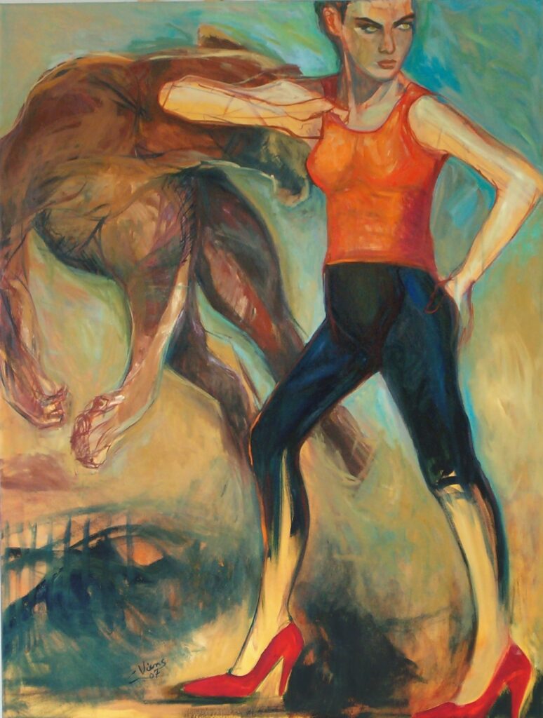Peinture représentant une femme au regard perçant de toréador avec des souliers rouge et une lionne dans un élan.