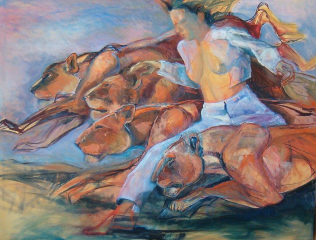 Peinture représentant une femme courant dans le paysage avec des lionnes.