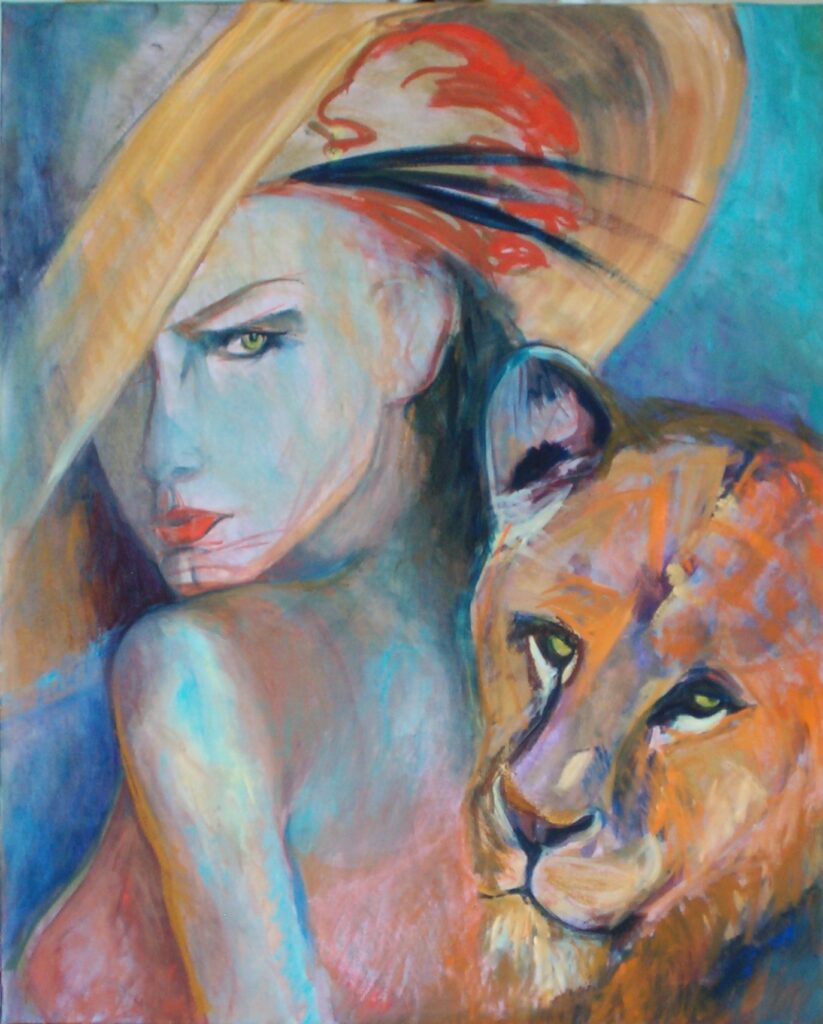 Peinture représentant une femme au grand chapeau avec une tête de lionne à côté.