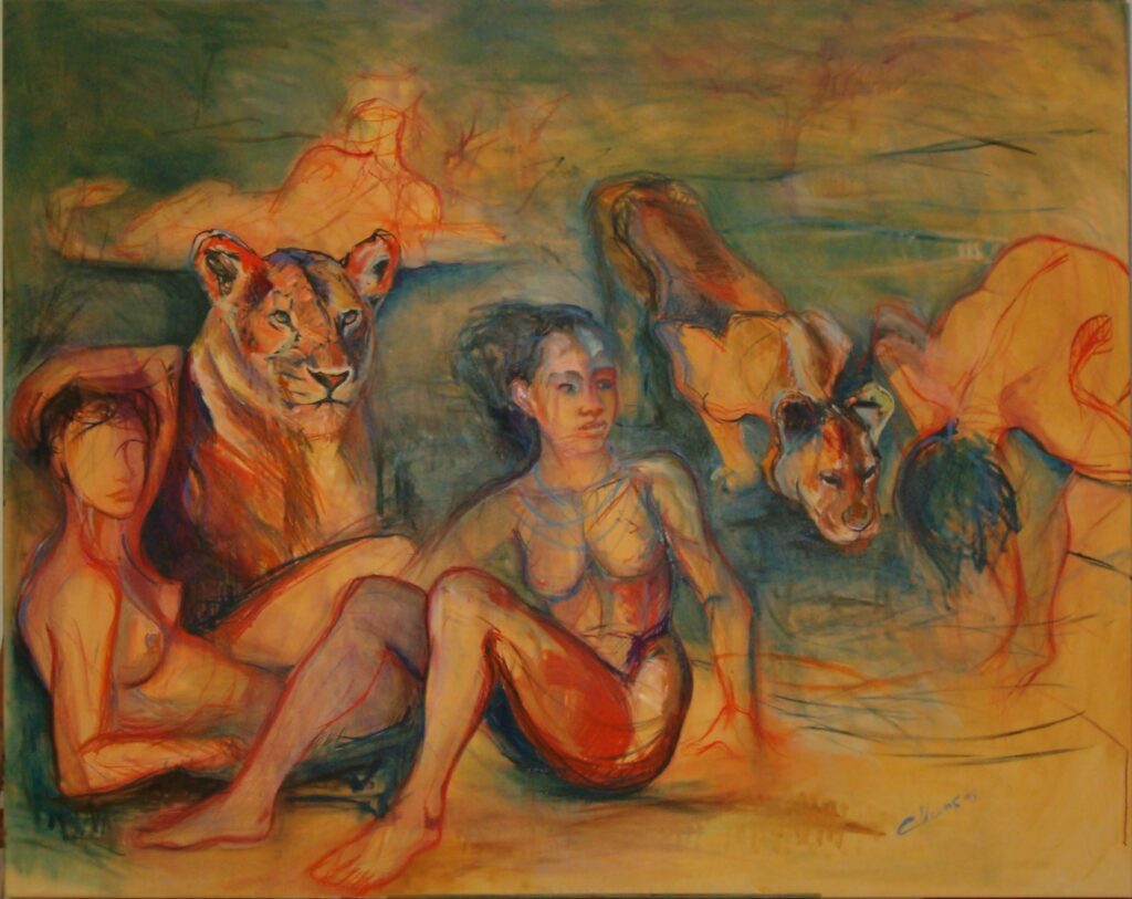 Peinture représentant trois femmes et trois lionnes se reposant près d'un point d'eau dans la savane.
