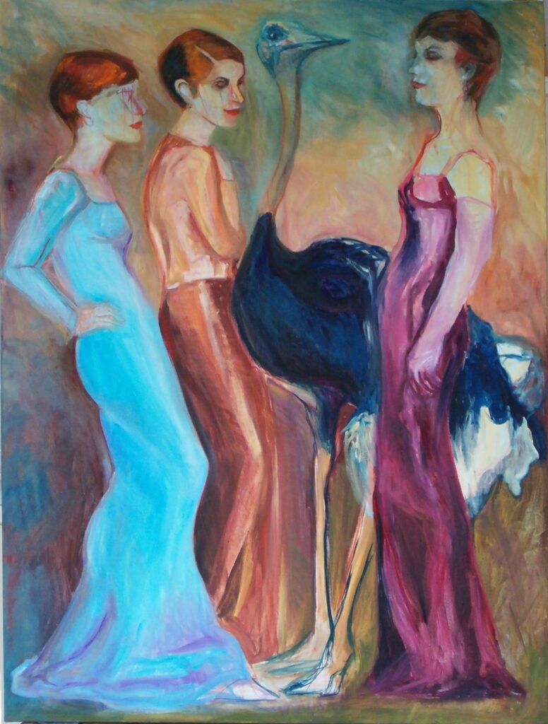 Peinture représentant trois femmes habillées en robe longues haute couture et une autruche.