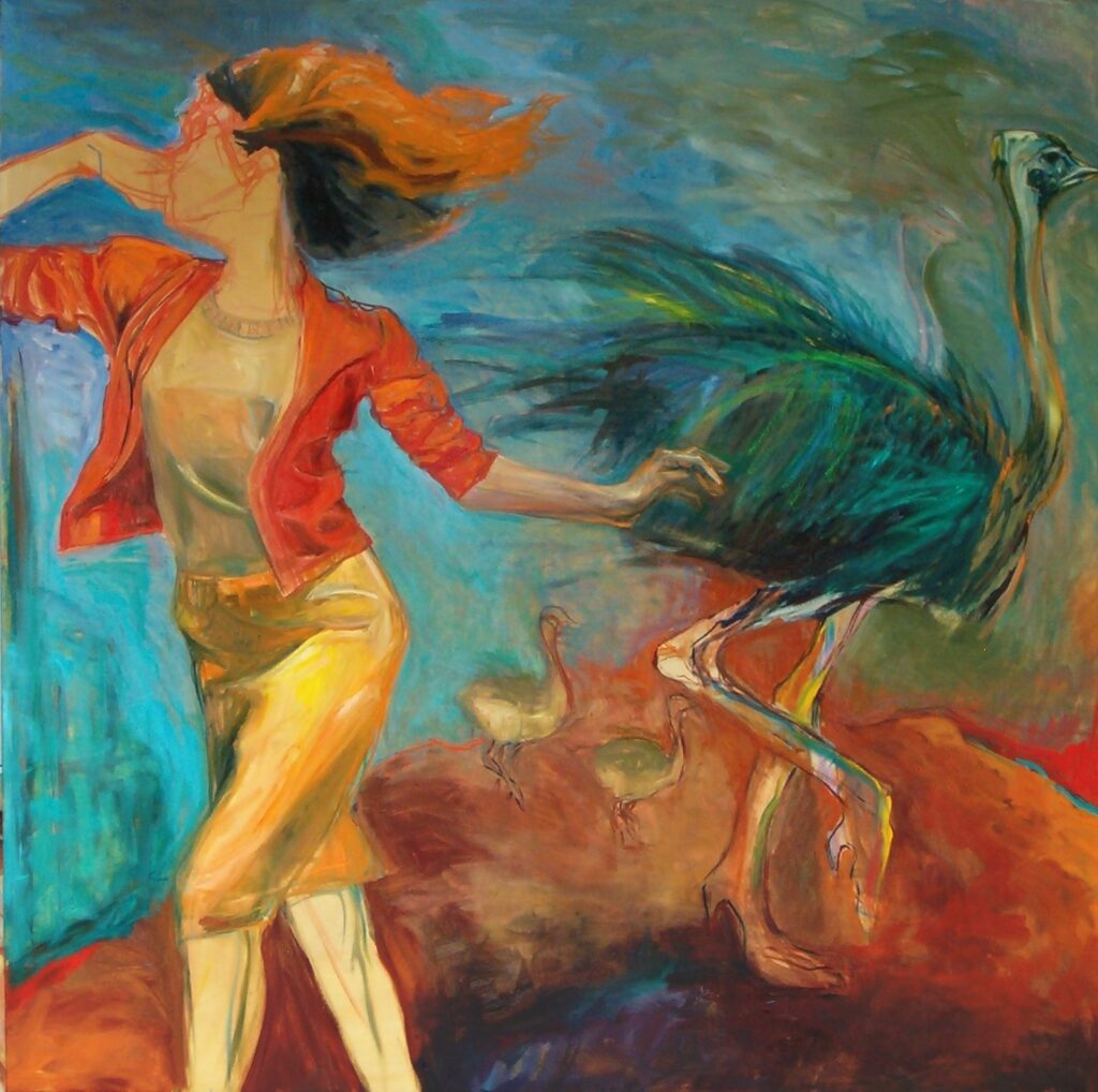 Peinture représentant une femme et une autruche avec ses petits dans un paysage coloré.