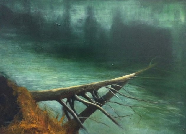 Peinture représentant un arbre couché dans un cours d'eau.