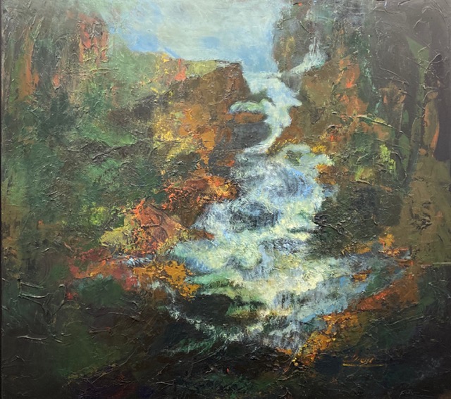 Peinture représentant une cascade dans un paysage rocheux et boisé.