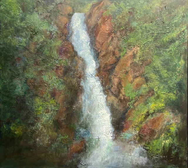 Peinture représentant une chute d'eau dans un paysage rocheux.