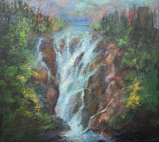 Peinture représentant une chute dans un paysage rocheux et boisé.