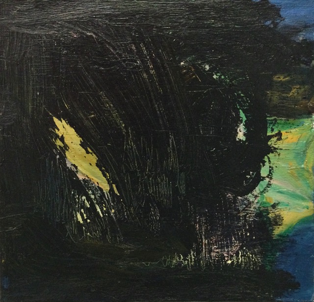 Peinture représentant un paysage abstrait dans un écran de fumée noire.