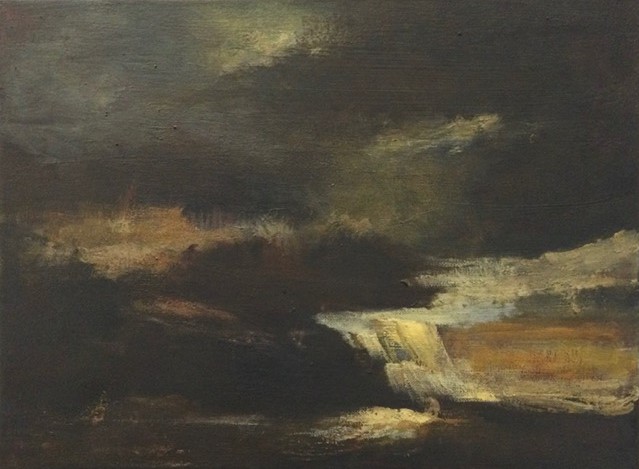 Peinture représentant une cascade dans un paysage clair obscur.