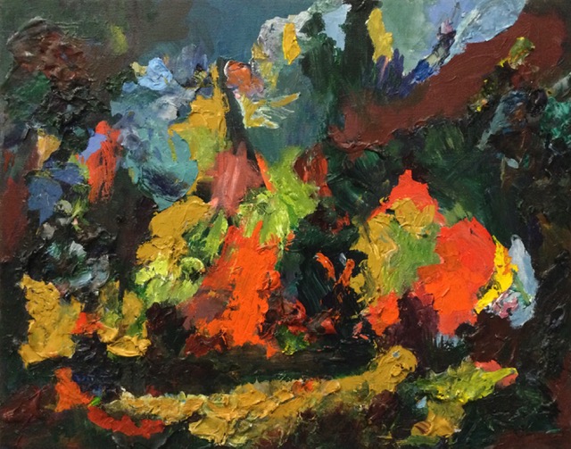 Peinture représentant un paysage abstrait aux couleurs rouge, vert, bleu et jaune ocre.