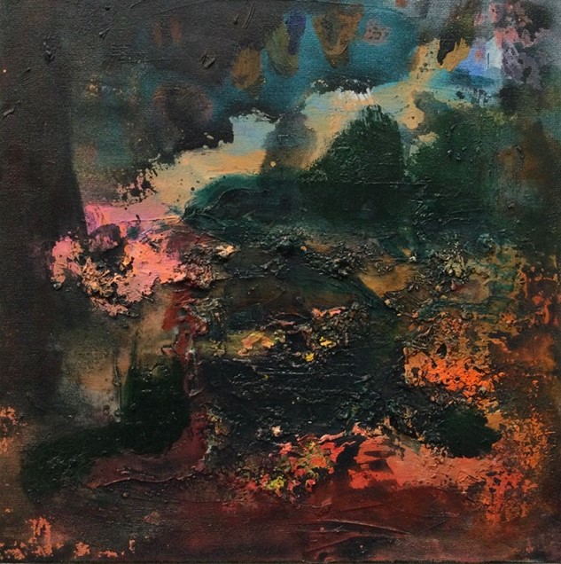 Peinture représentant un paysage abstrait aux couleurs rose, bleu et noir.