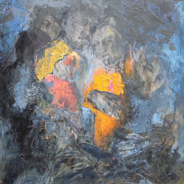 Peinture représentant une famille blottie dans un environnement en fumée.