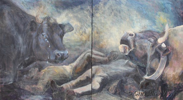 Peinture représentant deux vaches qui pleurent et des hommes étendus par terre dans un paysage enfumé.