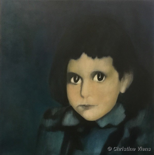 Peinture représentant une fillette aux grands yeux noirs.