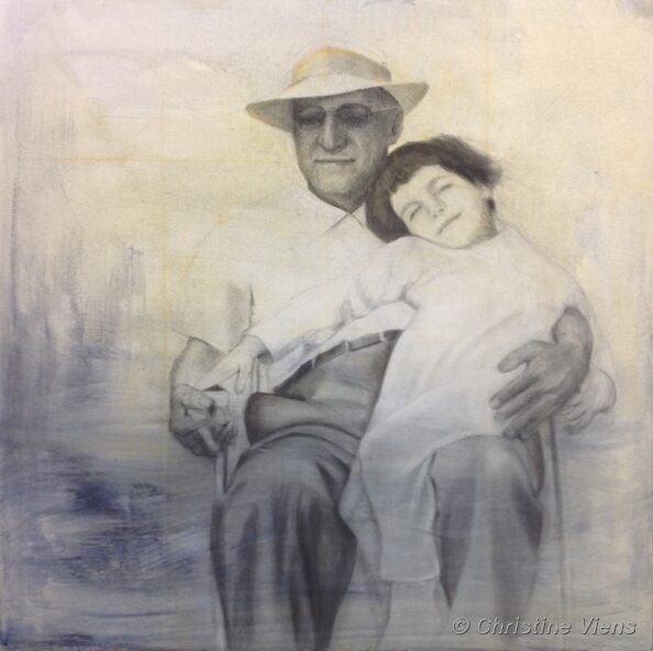 Peinture représentant un vieil homme avec un enfant sur ses genoux.