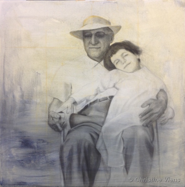 Peinture représentant un vieil homme avec un enfant sur ses genoux.