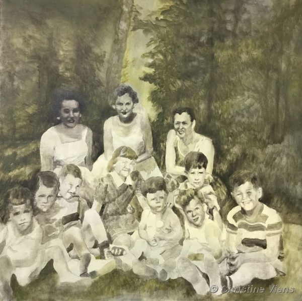 Peinture représentant trois femmes en robe d'été et leurs enfants assis dans une clairière.