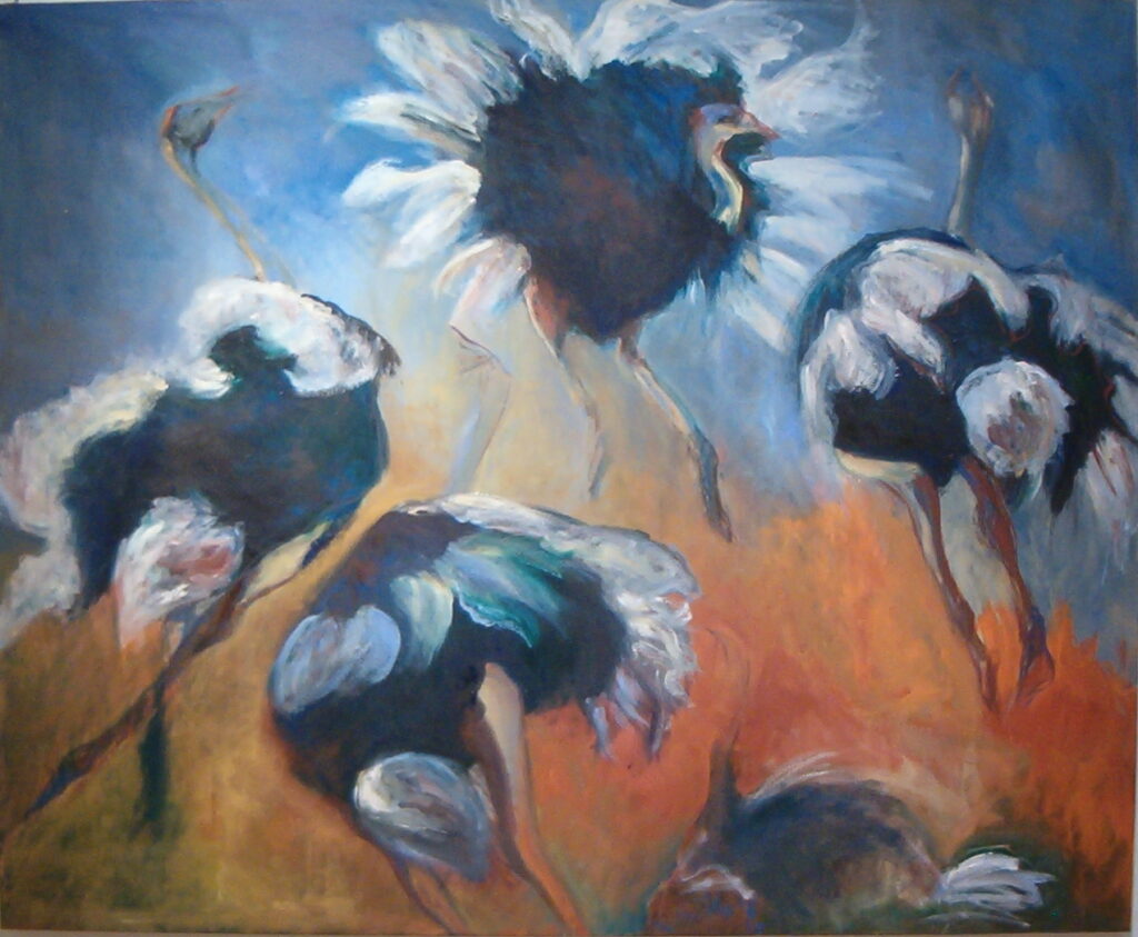 Peinture représentant des autruches qui dansent en rond.