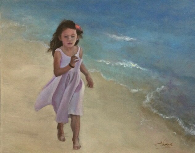 Peinture représentant une fillette courant sur la plage.