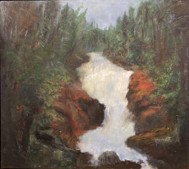 Peinture représentant un ruisseau en cascades en forêt